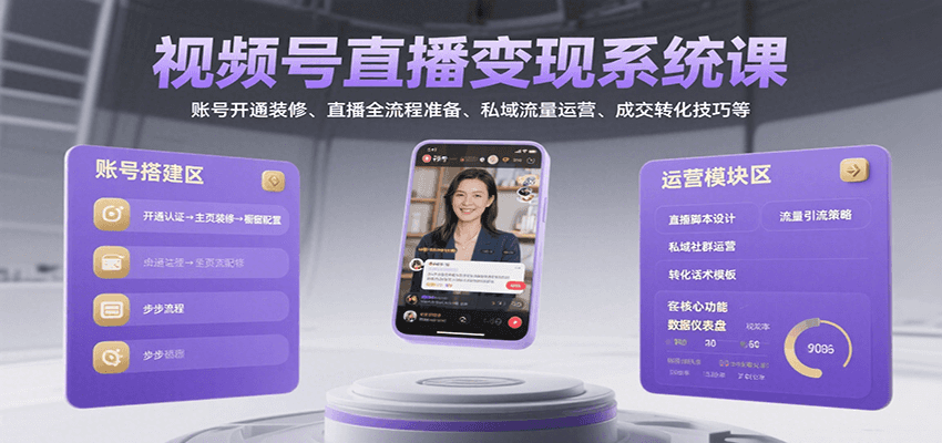 视频号直播变现系统课，账号开通装修、直播全流程准备、私域流量运营、成交转化技巧等-玩备项目资源网