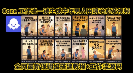 coze工作流一键生成”中年男人困境扎心高涨粉高播放量图文视频”保姆级拆解教程，无需剪辑，无需拍摄写文案-玩备项目资源网