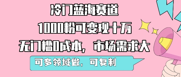 冷门蓝海赛道，1000粉可变现十W，无门槛0成本，市场需求大，可多领域做，可复制性强-玩备项目资源网