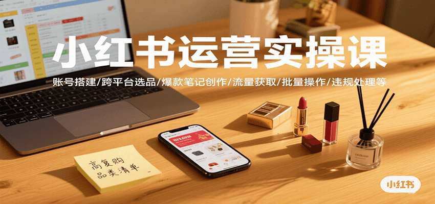 小红书运营实操课，账号搭建/跨平台选品/爆款笔记创作/流量获取/批量操作/违规处理等-玩备项目资源网