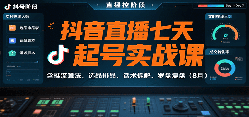 抖音直播七天起号实战课：含推流算法、选品排品、话术拆解、罗盘复盘（8月）-玩备项目资源网