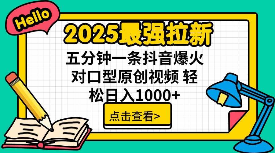 （15736期）2025最强拉新，单用户下载5块佣金，5分钟一条抖音爆火原创对口型视频，…-玩备项目资源网