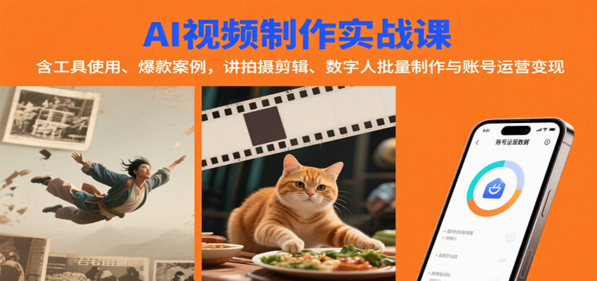 AI视频制作实战：含工具使用、爆款案例，讲拍摄剪辑、数字人批量制作与账号运营变现-玩备项目资源网