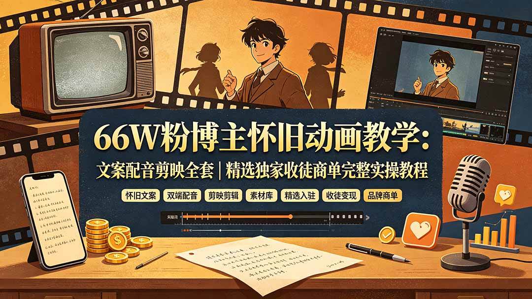 （19499期）66W粉博主怀旧动画教学：文案配音剪映全套｜精选独家收徒商单完整实操教程-玩备项目资源网