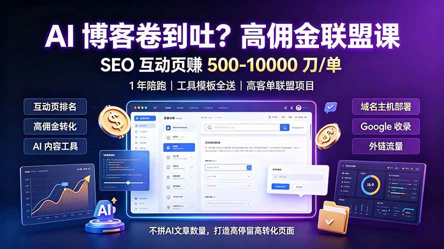（19390期）AI 博客卷到吐？高佣金联盟课：SEO 互动页赚 500-10000 刀 单，1 年陪跑 + 工具模板全送-玩备项目资源网