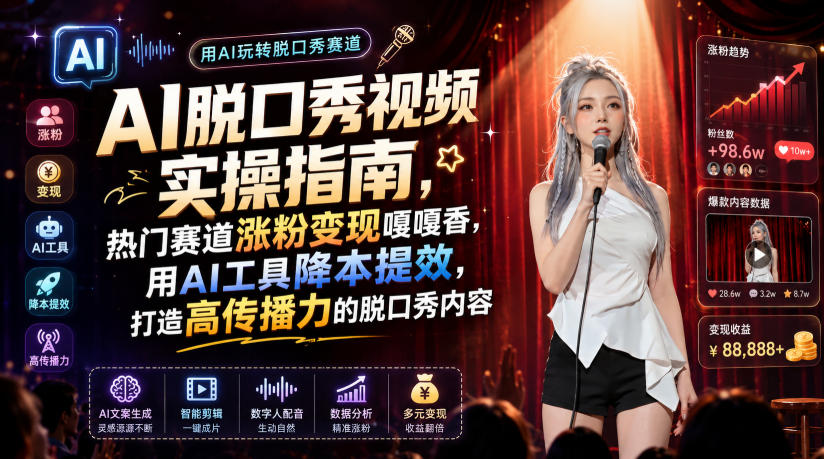 AI脱口秀视频实操指南,热门赛道涨粉变现嘎嘎香,用AI工具降本提效,打造高传播力的脱口秀内容-玩备项目资源网