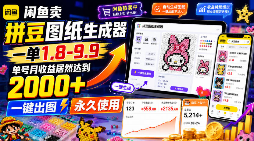 闲鱼卖拼豆图纸生成器,一单1.8-9.9,单号月收益居然达到2000+一键出图永久使用-玩备项目资源网