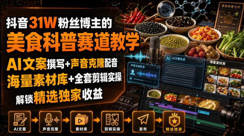 抖音31W粉丝博主的美食科普赛道教学，AI文案撰写+声音克隆配音+剪辑实操，解锁精选独家收益-玩备项目资源网