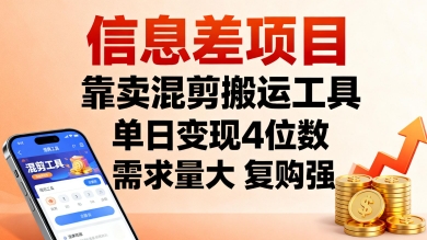 信息差项目，靠卖混剪搬运工具，单日变现4位数，需求量大，复购强，操作简单，几分钟一条视频-玩备项目资源网