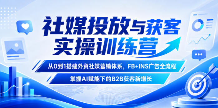 社媒投放与获客实操训练营，从0到1搭建外贸社媒营销体系，FB+INS广告全流程，掌握AI赋能下的B2B获客新增长-玩备项目资源网