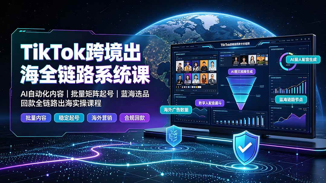 (19425期)TikTok跨境出海全链路系统课-2026年7月:AI自动化内容|批量矩阵起号|蓝海选品回款全链路出海实操课程-玩备项目资源网