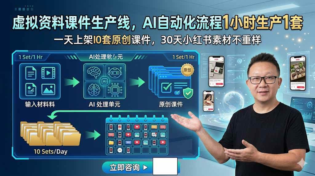 （19091期）虚拟资料课件生产线，AI自动化流程1小时生产1套，一天上架10套原创课件，30天小红书素材不重样-玩备项目资源网
