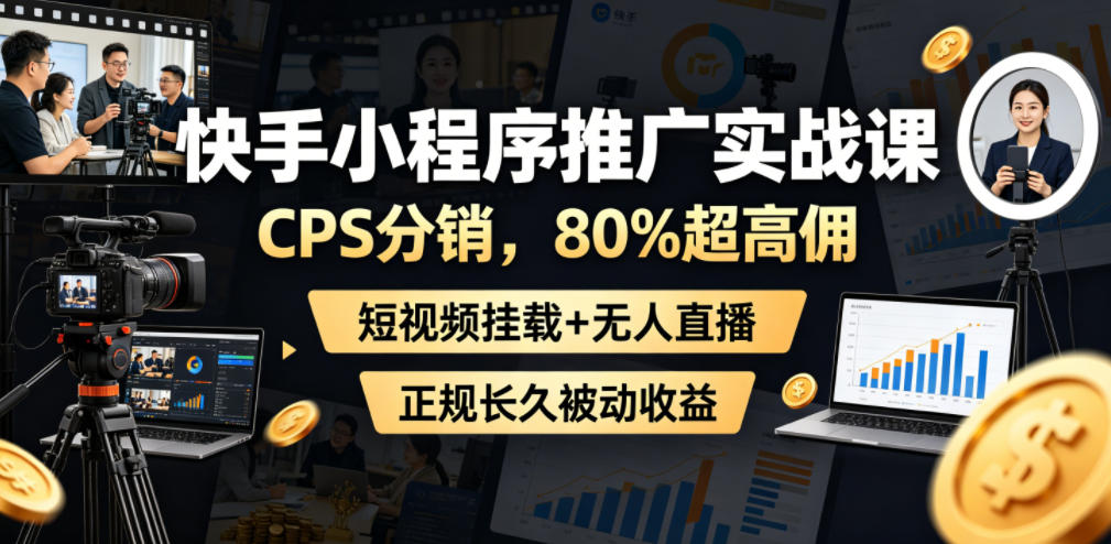 快手小程序推广实战课，CPS分销，80%超高佣，短视频挂载+无人直播，正规长久被动收益-玩备项目资源网
