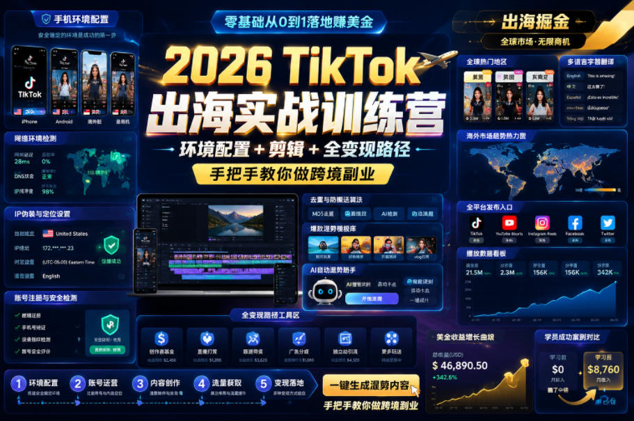 2026 TikTok出海实战训练营,环境配置 + 剪辑 + 全变现路径,手把手教你做跨境副业-玩备项目资源网