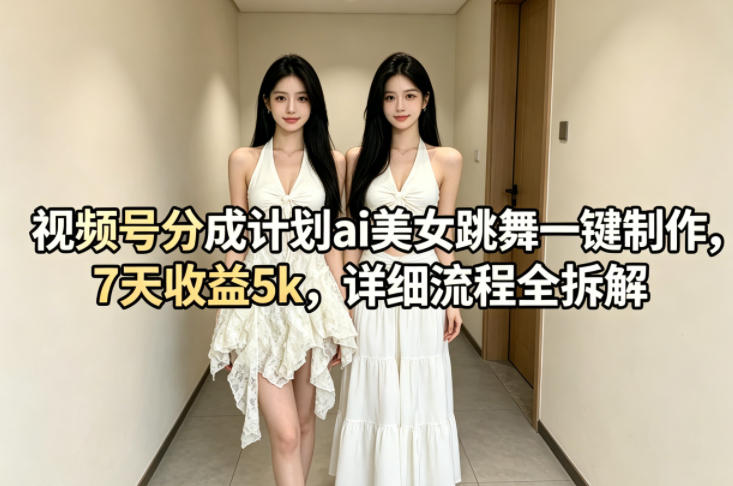 视频号分成计划ai美女跳舞一键制作，7天收益5k，详细流程全拆解-玩备项目资源网