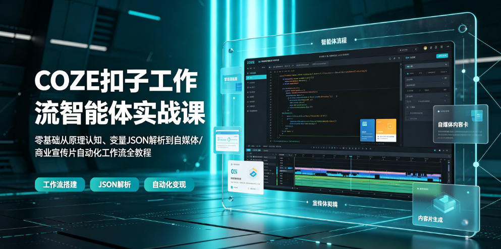 COZE扣子工作流智能体实战课｜零基础从原理认知、变量JSON解析到自媒体/商业宣传片自动化工作流全教程-玩备项目资源网