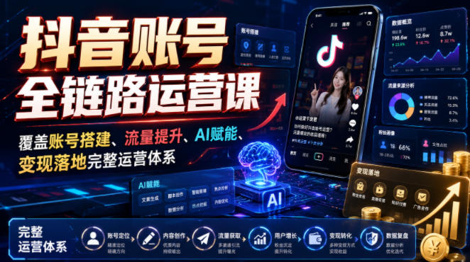 抖音账号全链路运营课,覆盖账号搭建、流量提升、AI赋能、变现落地完整运营体系-玩备项目资源网