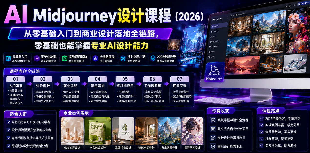 AI Midjourney设计课程(2026),从零基础入门到商业设计落地全链路,零基础也能掌握专业AI设计能力-玩备项目资源网