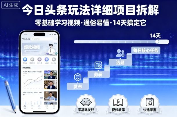 今日头条玩法详细项目拆解，零基础学习视频 通俗易懂 14天搞定它-玩备项目资源网