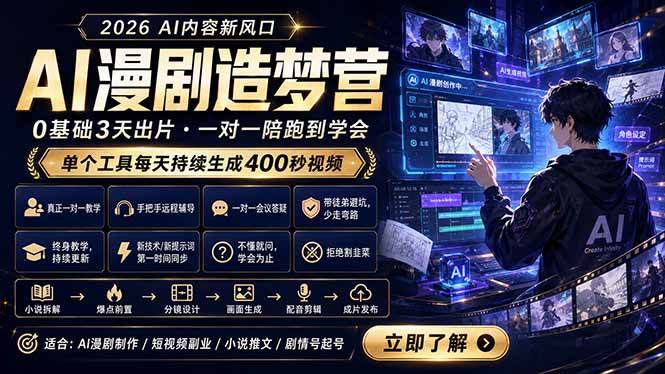 （18568期）AI漫剧造梦营：0基础3天出片，单个工具每天持续生成400秒视频-玩备项目资源网