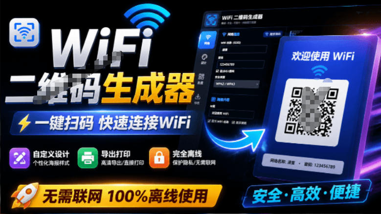 完全离线使用!WiFi二维码生成器,一键扫码快速连接WiFi,支持自定义风格导出WiFi二维码生成器-玩备项目资源网