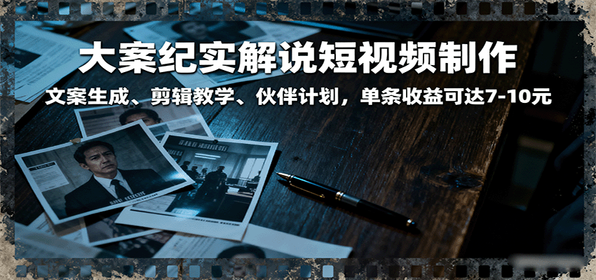 大案纪实解说短视频制作，文案生成、剪辑教学、伙伴计划，单条收益可达7-10元-玩备项目资源网