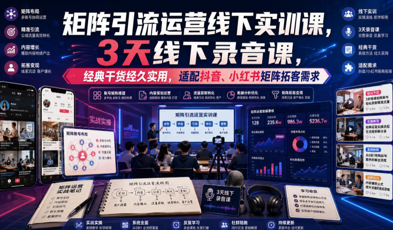 嗨推矩阵引流运营线下实训课，3天线下录音课，经典干货经久实用，适配抖音、小红书矩阵拓客需求-玩备项目资源网