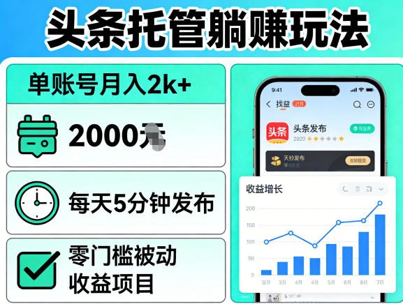 头条托管躺賺玩法，单账号月入2k+，每天5分钟发布即可，零门槛被动收益项目【揭秘】-玩备项目资源网