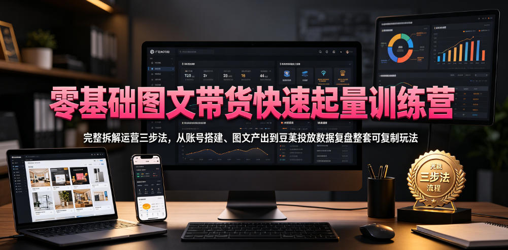 零基础图文带货快速起量训练营，完整拆解运营三步法，从账号搭建、图文产出到豆荚投放数据复盘整套可复制玩法-玩备项目资源网