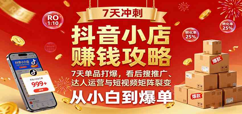 抖音小店赚钱攻略：7天单品打爆技巧，看后搜推广、达人运营与短视频矩阵裂变实战-玩备项目资源网