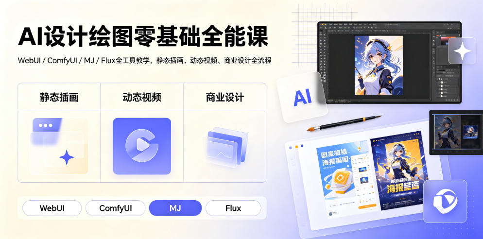 AI设计绘图零基础全能课｜WebUI/ComfyUI/MJ/Flux全工具教学，静态插画、动态视频、商业设计全流程-玩备项目资源网