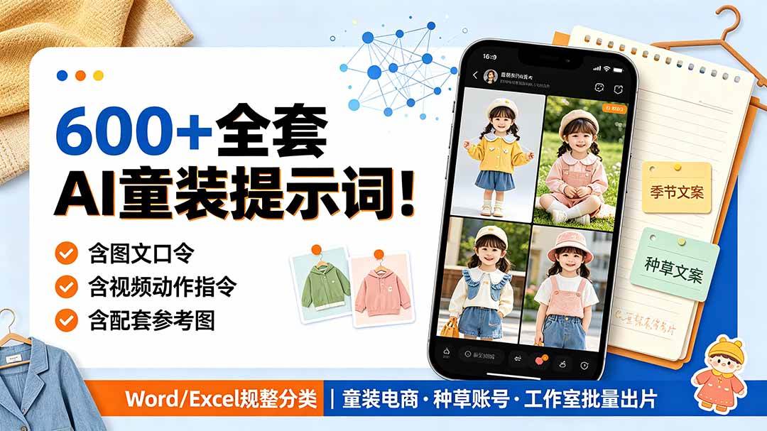 (19302期)600+全套AI童装提示词!含图文口令+视频动作指令+配套参考图,Word/Excel规整分类,童装电商、种草无脑量产内容-玩备项目资源网