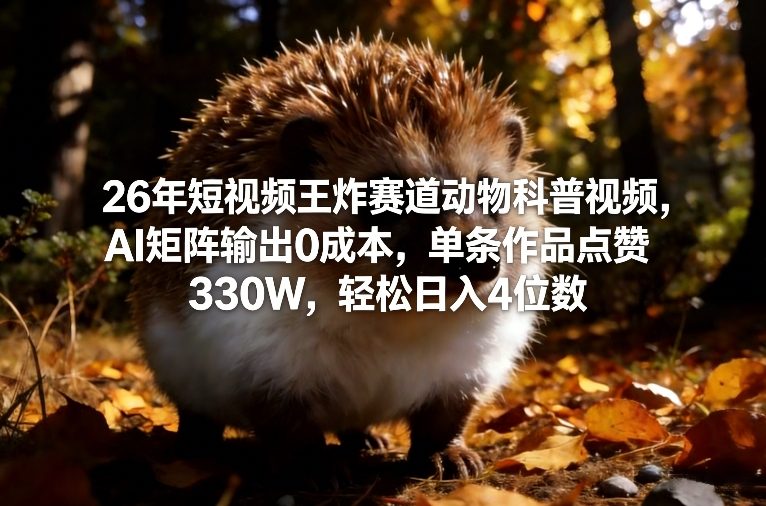 26年短视频王炸赛道动物科普视频，AI矩阵输出0成本，单条作品点赞330W，轻松日入4位数-玩备项目资源网