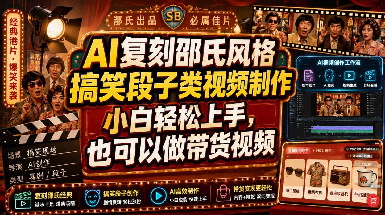 AI复刻邵氏风格搞笑段子类视频制作，小白轻松上手，也可以做带货视频-玩备项目资源网