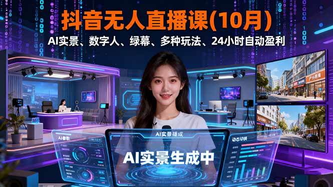 （16355期）抖音无人直播课(10月)，AI实景、数字人、绿幕、多种玩法、24小时自动盈利-玩备项目资源网