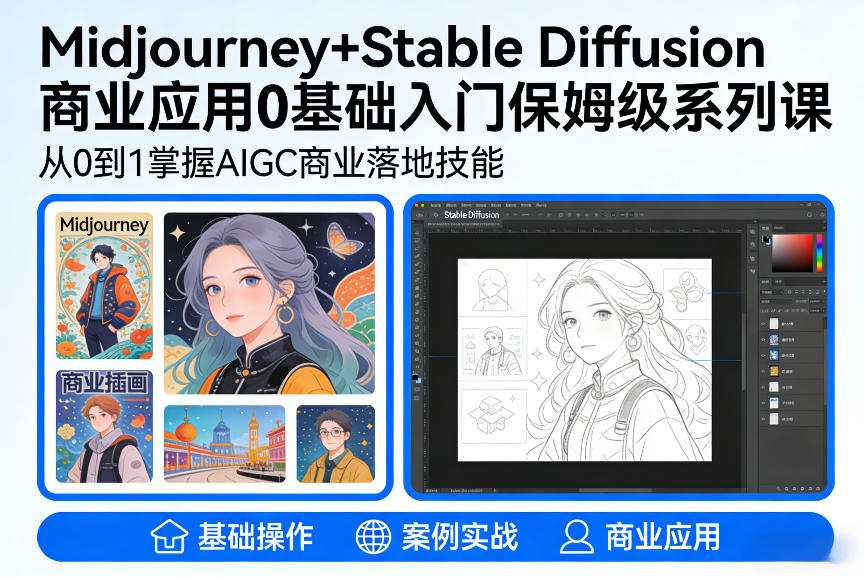 AIGC商业应用Midjourney+Stable Diffusion教程,0基础入门保姆级系列课-玩备项目资源网