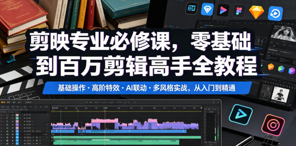 剪映专业必修课,零基础到百万剪辑高手全教程,基础操作・高阶特效・AI联动・多风格实战,从入门到精通-玩备项目资源网