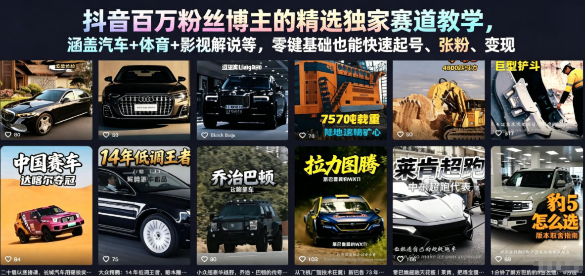 抖音百万粉丝博主的精选独家赛道教学,涵盖汽车+体育+影视解说等,零基础也能快速起号、涨粉、变现-玩备项目资源网