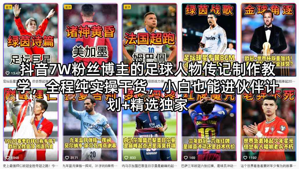 抖音7W粉丝博主的足球人物传记制作教学，全程纯实操干货，小白也能进伙伴计划+精选独家-玩备项目资源网