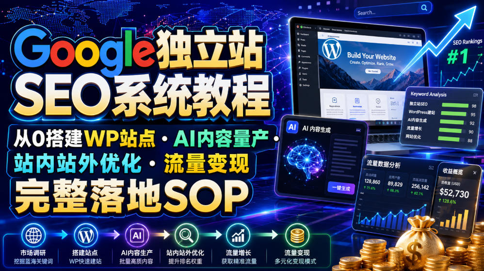 Google独立站SEO系统教程,从0搭建WP站点・AI内容量产・站内站外优化・流量变现完整落地SOP(2026年7月)-玩备项目资源网