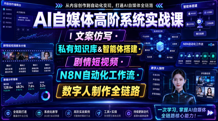 AI自媒体高阶系统实战课|文案仿写・私有知识库&智能体搭建・剧情短视频・N8N自动化工作流・数字人制作全链路-玩备项目资源网
