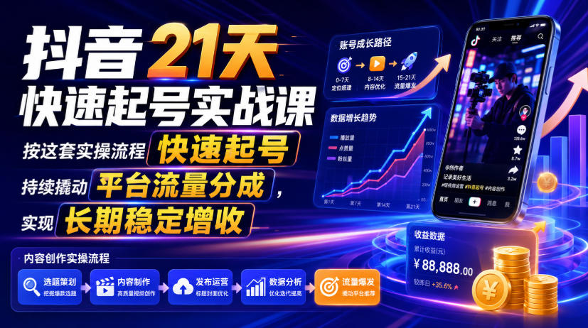 抖音21天快速起号实战课,按这套实操流程快速起号,持续撬动平台流量分成,实现长期稳定增收-玩备项目资源网