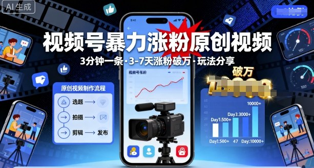 视频号暴力涨粉原创视频，3分钟一条原创视频，3-7天涨粉破万，玩法分享给你-玩备项目资源网
