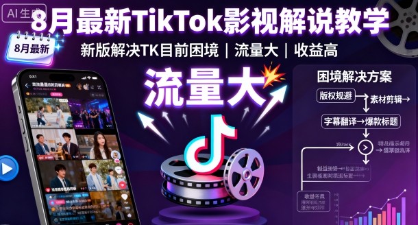 8月最新TikTok影视解说教学，新版解决TK目前困境，流量大，收益高-玩备项目资源网