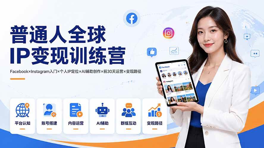 （19568期）普通人全球IP变现训练营：Facebook×Instagram入门×个人IP定位×AI辅助创作×前30天运营×变现路径-玩备项目资源网