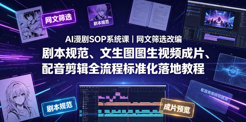 AI漫剧SOP系统课|网文筛选改编、剧本规范、文生图图生视频成片、配音剪辑全流程标准化落地教程-玩备项目资源网