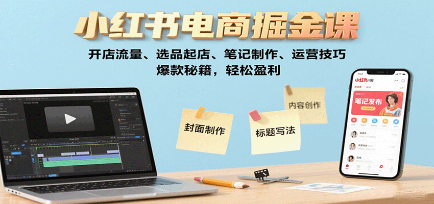 小红书电商掘金课：开店流量、选品起店、笔记制作、运营技巧，爆款秘籍，轻松盈利-玩备项目资源网