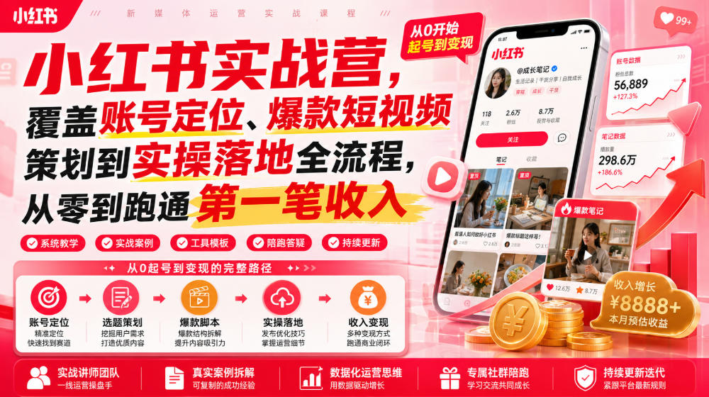 小红书实战营，覆盖账号定位、爆款短视频策划到实操落地全流程，从零到跑通第一笔收入-玩备项目资源网