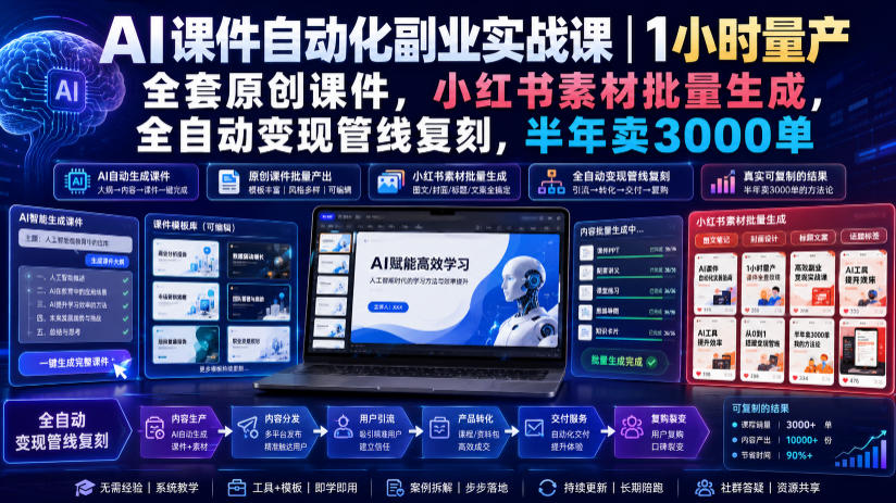 AI课件自动化副业实战课|1小时量产全套原创课件,小红书素材批量生成,全自动变现管线复刻,半年卖3000单-玩备项目资源网