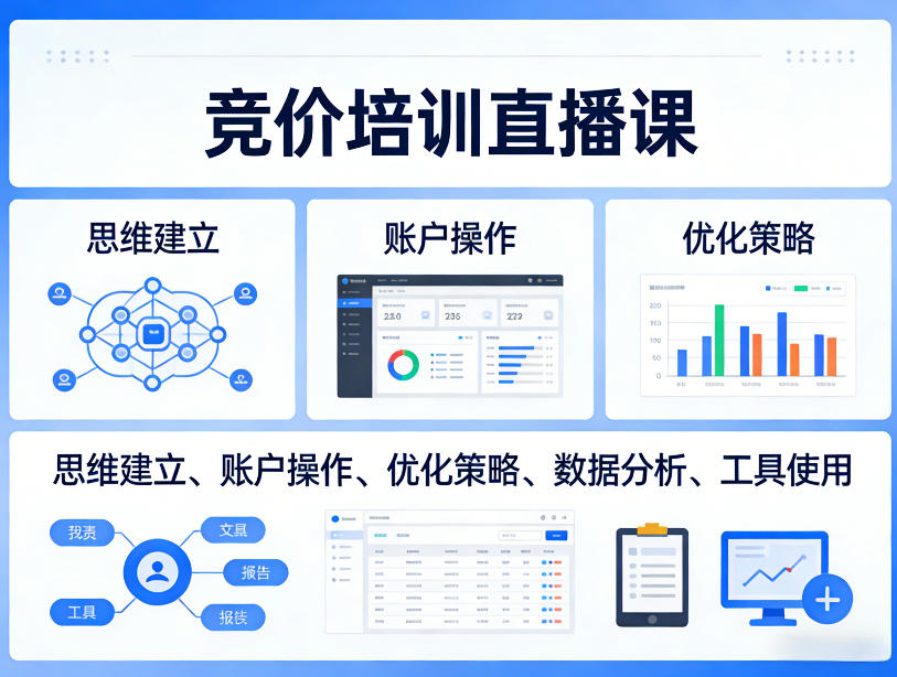 竞价培训直播课，覆盖思维建立、账户操作、优化策略、数据分析、工具使用等，全方位提升效果-玩备项目资源网